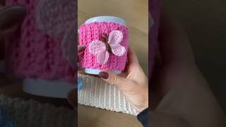 DIY Crochet Mug Cozy | Cute Pink Cup Sleeve with Butterfly Applique #cozy #crocheting #crochet #mug
