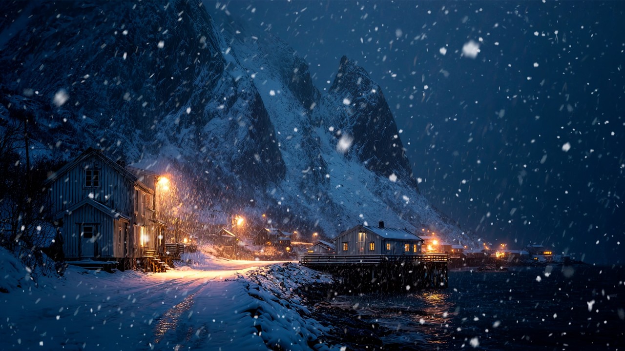 Cozy Winter Night Ambience ❄️ Heavy Snowfall Sounds at a Nordic Harbor for Deep Sleep, 3 Hours