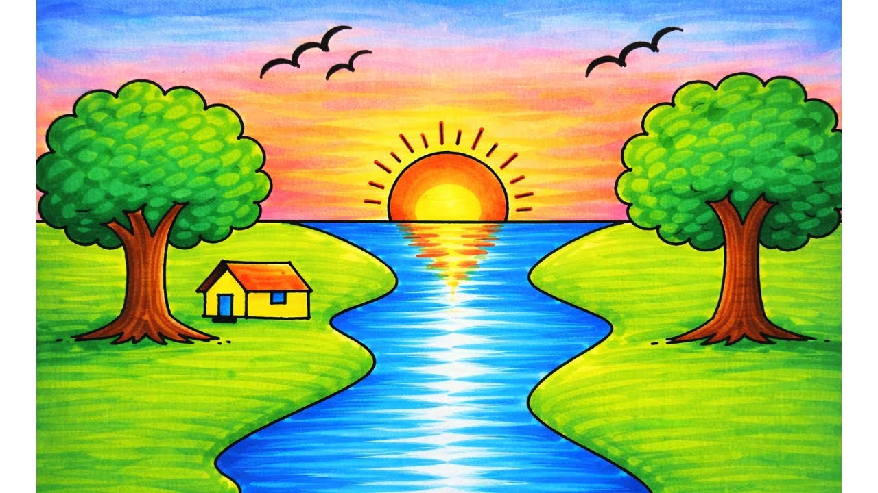 Простой рисунок деревенского пейзажа | Как нарисовать деревенский пейзаж | Легкий рисунок пейзажа...