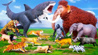 Elephant vs 10 Giant Lions vs 10 Monster Tiger Attack Cow Rescue By Woolly Mammoth vs Megalodon Rex