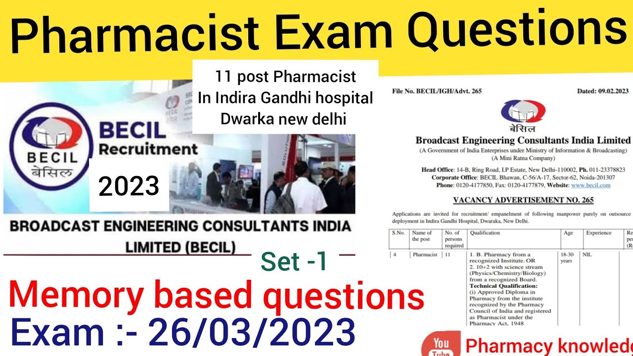 BECIL Pharmacist Questions Answer  Memory based Set -1 / 26-03-2023 / 11 post  Pharmacist exam paper