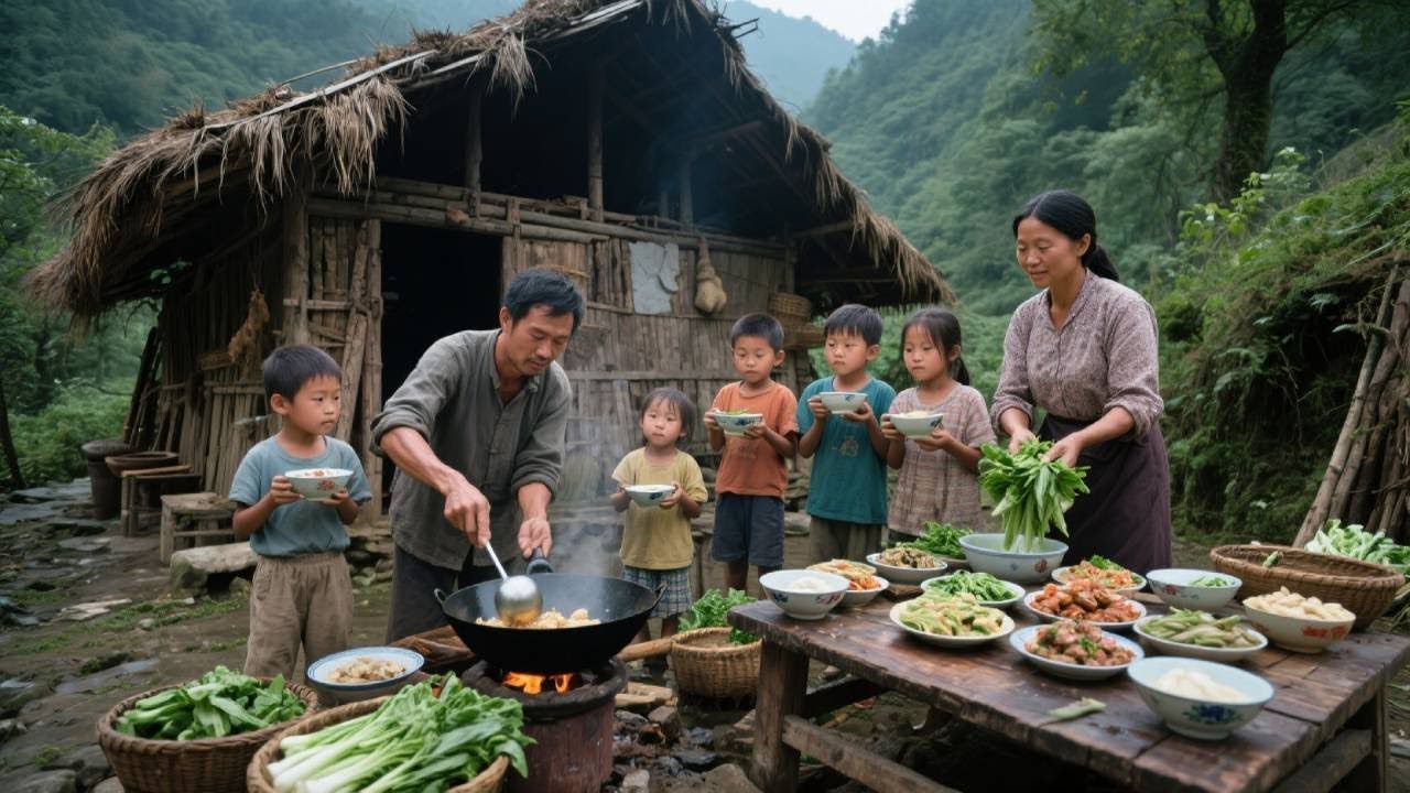 【一家七口隐居深山】今天爸爸做白切鸡给孩子们吃，孩子们围着爸爸，今天的菜真香！#农村生活#亲子
