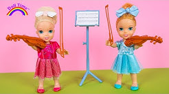 MUSIC Class - Elsa and Anna Learn the VIOLIN - Barbie teaches Music 🎻🎺