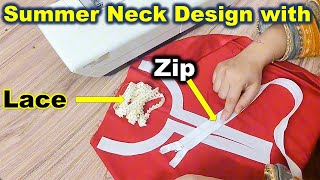 Summer Neck design with lace and zip || Eid neck design idea with lace and zip by fari ideas