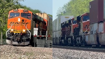 Giant 3x3x0 BNSF Mega Stack train & BNSF Manifest train! BNSF Transcon: Emporia sub..5/11/25