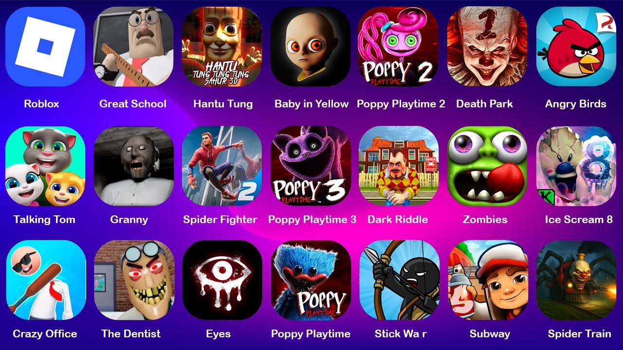 Roblox, GREAT SCHOOL BREAKOUT!, Hantu Tung 3D, Spider Fighter, The Baby in Yellow, Poppy Playtime