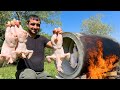 Grilling 8kg chicken in a big barrel cooking chicken thigh with a unique way in tandoor rural life