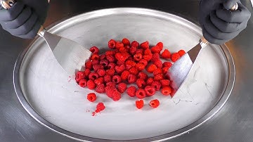 ASMR - Raspberry Ice Cream Rolls | tapping scratching and eating Sound with Raspberries - 4k Food 먹방