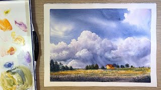 Watercolor painting landscape  Clouds over a field