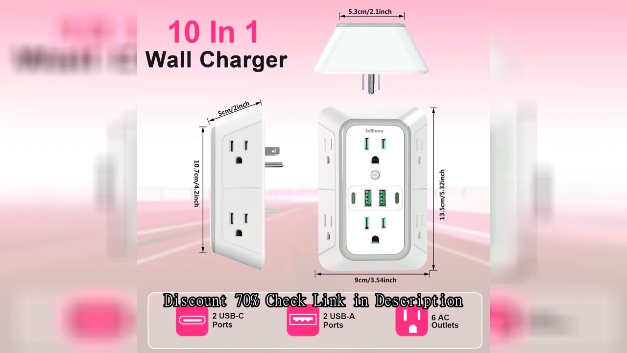 3-Sided US Power Strip Wall Plug Multitap Socket with 6 AC Outlets 4 USB Ports(2 Type-C), Network Fi