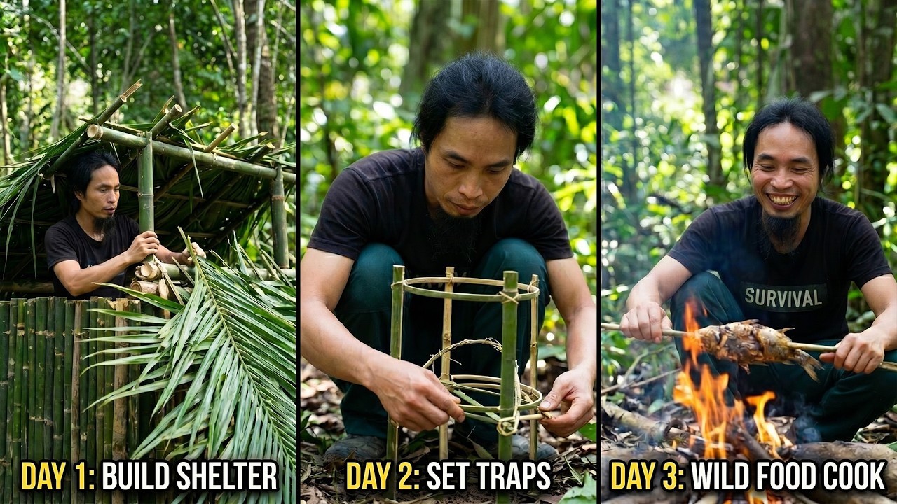 3 Days Alone in the Jungle | Building Shelter, Setting Traps and ...