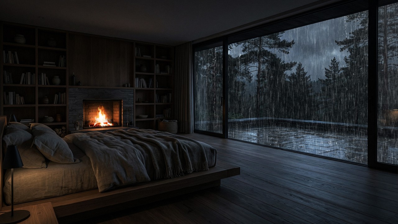 🌧️ Heavy Rain Sounds for Deep Sleep | Cozy Cabin Fireplace