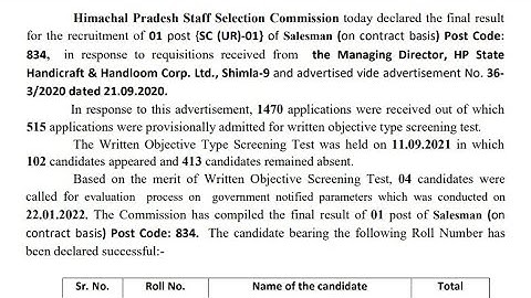Final Result Out Post Code -834