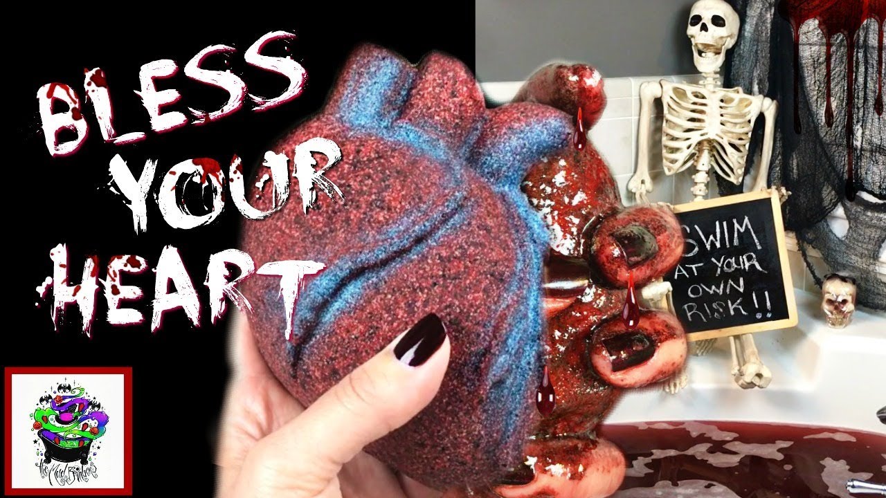 THE MAD BOMBERS - "Bless Your Heart" Bath Bomb Demo Review in Jetted Tub HALLOWEEN **BLOOD RED WATER