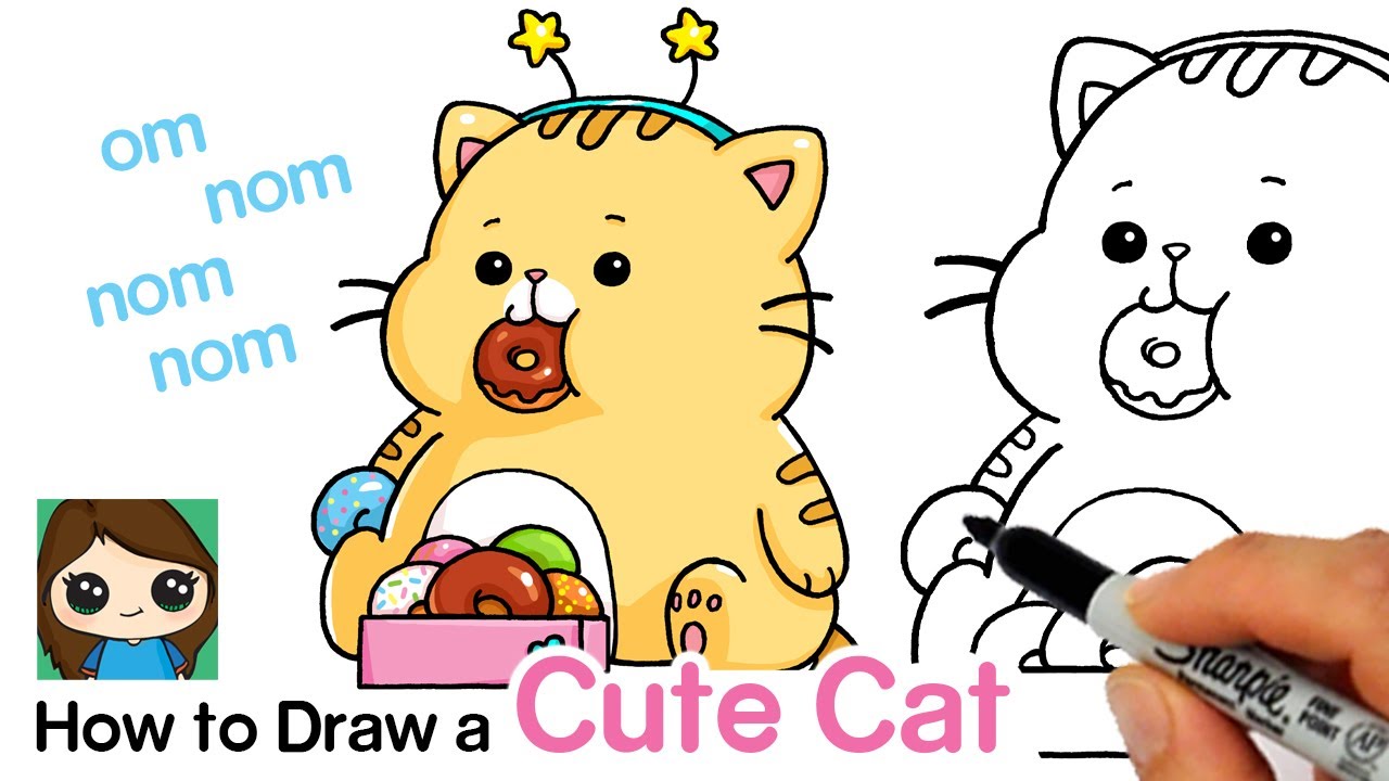 How to Draw a Cute Cat Eating Donuts - YouTube