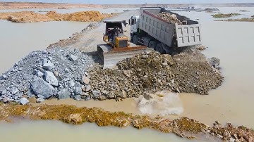 Incredible Techniques Build Road In Deep Pit Use Bulldozer Push Stone, Dump Truck Unloading Stone