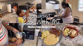 VLOG | COOK BREAKFAST WITH ME , WAFFLES, EGGS, BACON, AND GRITS!!!