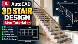 3D Stair Design in AutoCAD | Complete Staircase Modeling Tutorial Live | AutoCAD 3D Hindi
