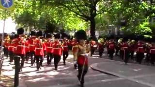 Footguards massed band returns to barracks after rehearsal