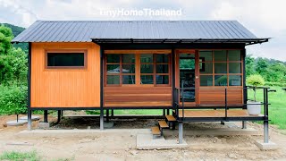 บ้านโครงสร้างเหล็กตกแต่งผนังภายนอกสไตล์ลอฟท์สุดเท่ห์ตัดกับผนังงานไม้สวยๆ 1 ห้องนอน 1 ห้องน้ำ
