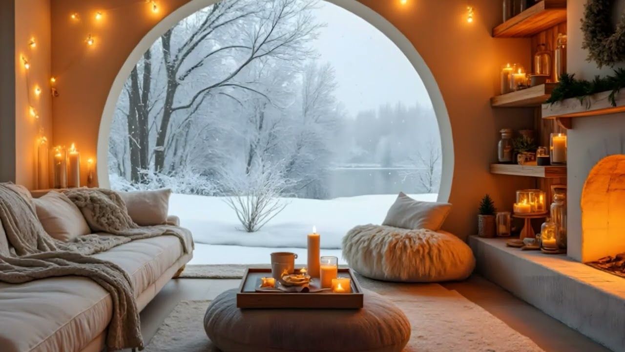 Cozy Winter Cabin Ambience with Warm Fireplace, Snow Falling Outside, and Candlelit Interior Glow