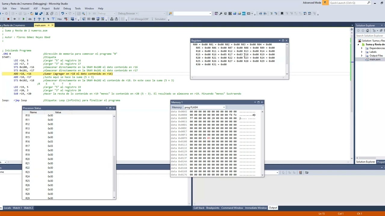 Suma y resta de 2 números en ensamblador (Atmega328p)