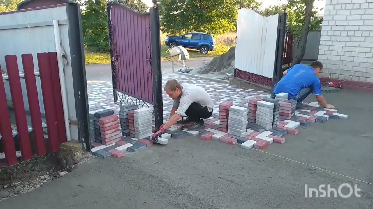 Укладка тротуарной плитки кирпичик три цвета - YouTube