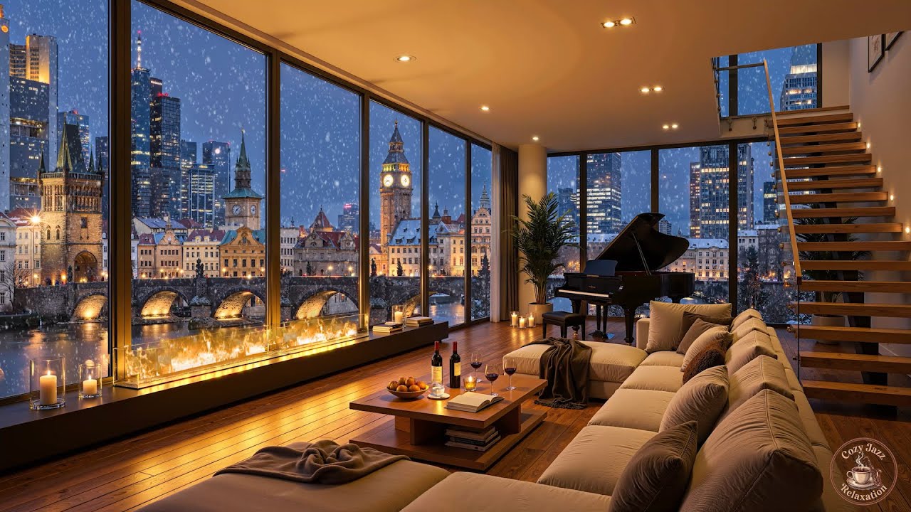 January Jazz Luxury Ambience ❄️Snowy Winter Outdoor with Cozy City View for Study & Calming