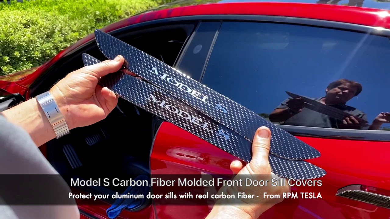 CoolKo Newest and Improved Car Door Sills Protection Kit Carbon Fiber Stickers for Tesla Model X 2017 Version Silver Older Version of Model X 