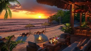 Breathtaking Grand Tropical Beach Sunset | Ocean Waves Crashing Over Rocks & Cozy Fireplace Sound