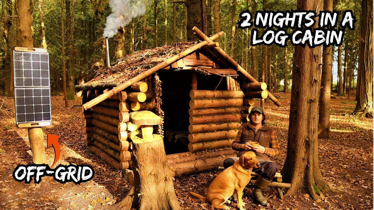 2 Nights In A Off-Grid Log Cabin built with hand tools | Bushcraft Shelter | Woodstove | Deer Hides