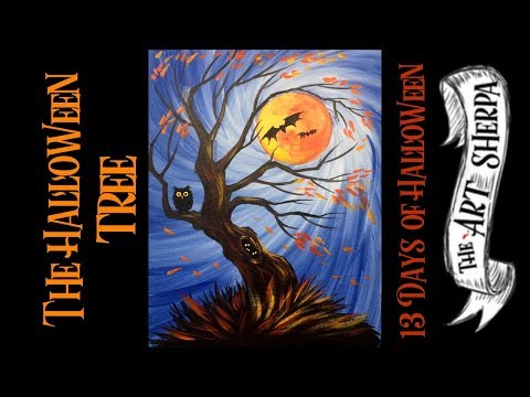 Spooky Tree Holding the Moon Easy Acrylic painting step by step #13 Days of Halloween