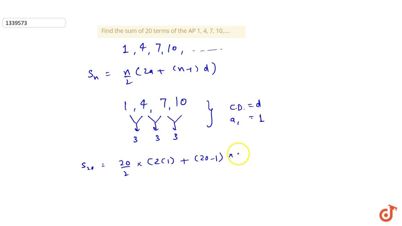 find-the-sum-of-20-terms-of-the-ap-1-4-7-10-youtube