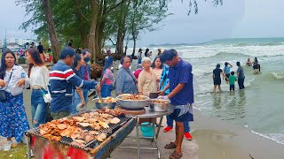 Happy Beach Party in Sihanoukville Cambodia BBQ Beef, Seafood, Shrimps - Eating Delicious Food