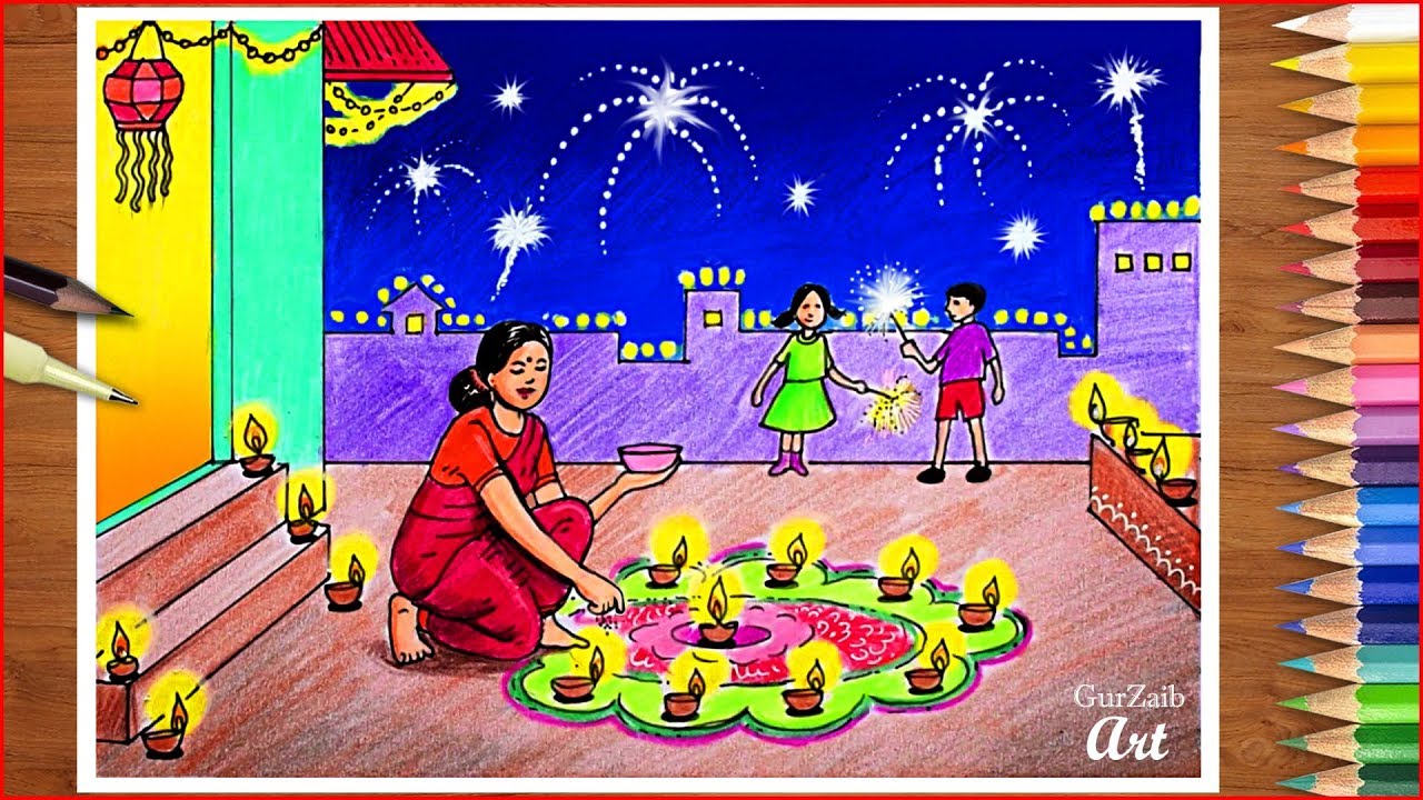 How to draw Happy Diwali scene drawing || An Indian festival scenery