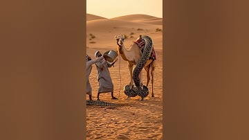 In a desert oasis, a huge python wrapped itself around a camel