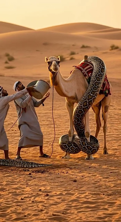 In a desert oasis, a huge python wrapped itself around a camel