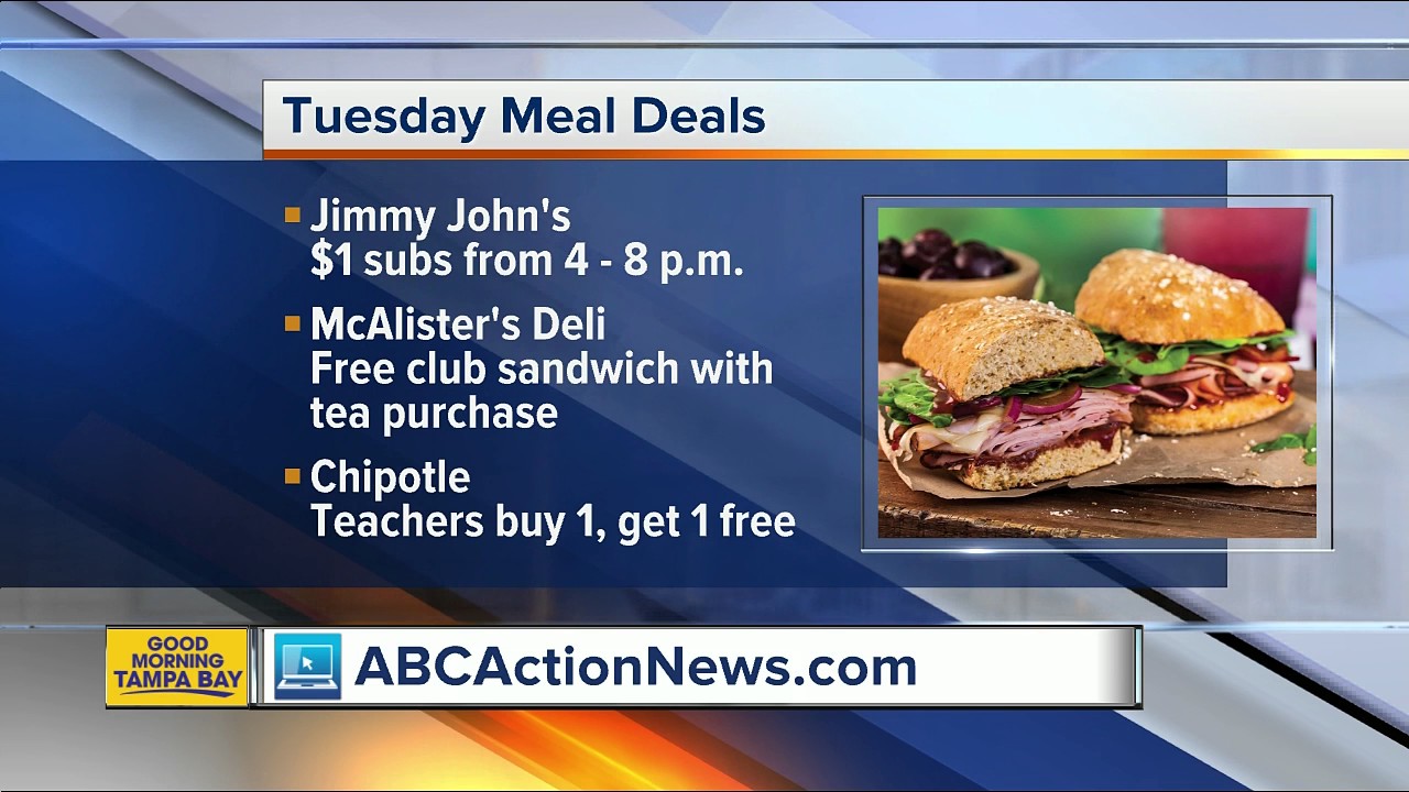 Meal deals on May 2nd 1 Jimmy John's subs, McAlister's free
