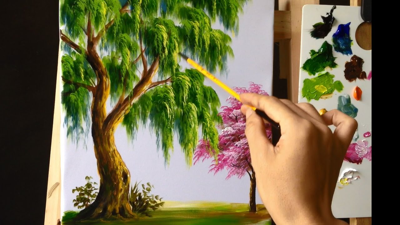 How to paint trees with fan brush - Acrylic lesson 