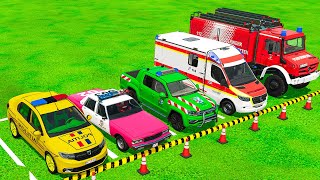 DACIA LOGAN, CHEVROLET, AMAROK POLICE VEHICLES & AMBULANCE FIRE DEPARTMENT TRANSPORTING! FS22