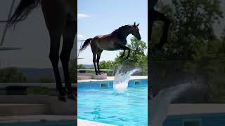 Horse Take A Jump In Swimming Pool