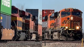 Two BNSF Stack trains heading east ft 3x2x0 Mega Stack w/ KCS power! BNSF Transcon..3/28/26