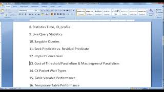 Microsoft SQL Server Performance tuning and query optimization topics list