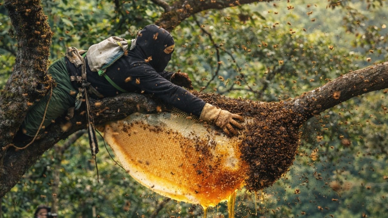 extreme wild honey hunt harvesting 2 honeycombs from a... 😨 Honey Hunter Climbing High Tree for Giant Beehive | Intense Bee Swarm ...
