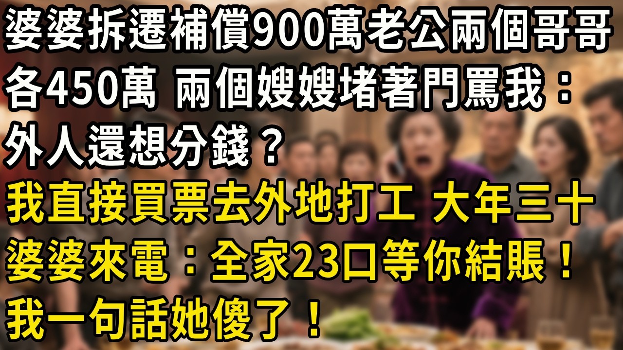婆婆拆遷補償900萬，老公兩個哥哥各450萬，兩個嫂嫂堵著門罵：外人還想分錢？我沒鬧，直接買票去外地打工，大年三十，婆婆來電：全家23口在酒店等你結賬，我一句話她傻了#翠花的秘密#婆媳#家庭故事