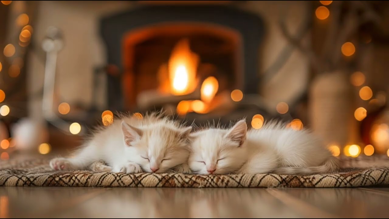 Two Kittens Sleeping by the Fireplace 🐈🐈— Quiet Instrumental Music, Purring & Fire Crackle