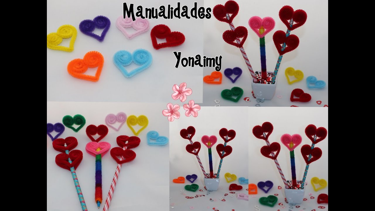 LAPICES Y PLUMAS   DECORADAS  CON CORAZONES DE LIMPIA PIPAS