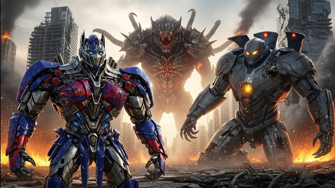 Optimus Prime and Jaeger vs a Demon Kaiju in a Burning Apocalypse City