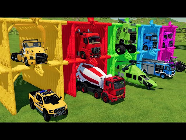 TRANSPORTING POLICE CARS, MIXER, HELICOPTER and FIRE ENGINE with BIG TRUCKS! Farming Simulator 22 class=