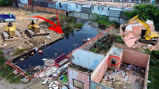 Epic Site Makeover! CAT excavator Destroys Old Building - Two KOMATSU Bulldozer Reclaim Flooded Area